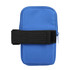 A drink bottle pouch in blue with a black elastic strap and a zipper closure. Features a logo.