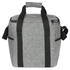 A drink bottle cooler bag in grey felt with black straps and zippered closure, featuring side pockets and a top handle.