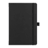 A black hardbound journal with an elastic closure and a bookmark. It features a logo on the cover.
