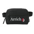 A black recycled sport bum bag featuring a zippered compartment and an adjustable strap, with a logo on the front.