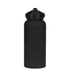 A drink bottle in matte black with a rubber-coated finish, featuring a twist-off top and a logo.