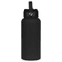 A drink bottle in matte black with a rubber-coated finish and a sturdy lid, featuring a handle and branding.