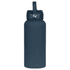 A drink bottle in navy blue with a rubber-coated finish and a metal handle. Features a branded logo.