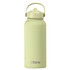A drink bottle in a muted green colour with a rubber coating and a carrying handle, featuring a logo.