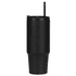 A drink bottle in matte black with a handle and straw, featuring a logo. Holds 900ml and made from recycled material.