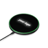 A black wireless charger with a green accent and a logo displayed on top.