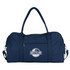 A navy duffel bag with a logo, featuring two handles and a detachable shoulder strap.