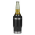 A drink bottle in black with a silver base, designed for holding a standard bottle and featuring a logo.