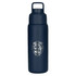 A drink bottle in dark blue featuring a logo and a matte finish, designed for keeping drinks hot or cold.