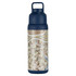 A drink bottle in navy blue featuring an intricate patterned design. It has a logo and holds 750ml.