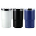 A drink bottle set featuring three tumblers in white, black, and navy blue, each with a clear lid and a logo.