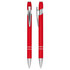 A red ballpoint pen with silver accents and a click action mechanism. Features a clip and sleek design.