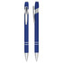 A blue ballpoint pen with a silver clip and accents, featuring a smooth click action mechanism.