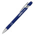 A blue ballpoint pen with a click action mechanism and a silver clip, featuring a branding logo.