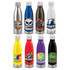 A drink bottle collection featuring silver, blue, red, yellow, purple, and black designs with various logos.