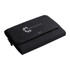 A black laptop caddy with a zip closure and a logo on the front, designed for storing laptops and accessories.