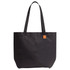 A black tote bag with two shoulder straps and a subtle logo tag. Features a spacious, structured design.
