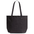 A black tote bag with two long handles and a simple design, featuring a small branding logo.