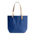 A blue tote bag with beige straps and a small logo. The bag features a simple, structured design.
