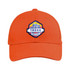 An orange cap featuring a logo on the front. It has a curved brim and an adjustable strap at the back.