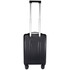 A black recycled cabin trolley bag with a retractable handle and four wheels. It features a logo on the front.