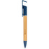 A bamboo pen with a blue clip and a logo, featuring a sleek design suitable for promotional use.