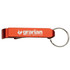 An aluminium bottle can opener in vibrant red, featuring a keyring attachment and a logo.