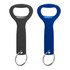 A drink bottle opener key ring in black and blue, featuring a simple design and a metal key ring.
