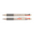A pen featuring four colors: black, blue, red, and green, with a speckled gray barrel and a branding logo.