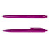 A purple plastic pen with a smooth finish and a clip on the side, featuring a logo.
