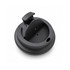 A black coffee cup lid designed for a reusable coffee cup, featuring a sliding opening.