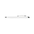A plastic pen in white with a silver clip and tip, featuring a simple and sleek design.