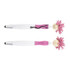 A pink and white pen with a stylus tip and a character head featuring fluffy pink hair. It has a logo on the side.