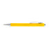 A yellow plastic pen with a silver clip and nib, featuring a logo on its body.
