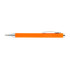 An orange plastic pen with a silver clip and tip. It features a simple, sleek design and has a branding logo.