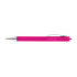 A pink plastic pen with a silver clip and tip, featuring a brand logo.