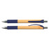 A bamboo pen in natural wood color with navy blue accents and grips, featuring a silver clip and tip.