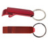 A red metal bottle opener keytag featuring a sleek design and attached keyring.
