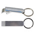 A drink bottle opener and keytag in silver metal with a keyring attachment. It has a sleek, minimalist design.