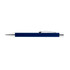 A navy blue aluminium pen with a silver clip and accents, featuring a logo on the barrel.