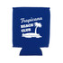 A blue stubby holder featuring a palm tree design and a logo. Ideal for keeping drinks cool.