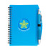 A blue spiral notebook with a pen, featuring a logo on the cover and a black pen holder on the side.