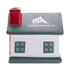 A house-shaped stress reliever in white with green windows and a red chimney, featuring a logo on the front.