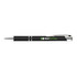 A metal pen in black with silver accents, featuring a logo for MobiCurrency.