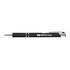 A metal pen featuring a sleek black design with silver accents and the logo "MobiCurrency" printed on its side.