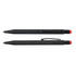 A stylus pen featuring a sleek black design with a retractable ballpoint tip and a red stylus tip.