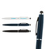 A set of three stylus pens in navy blue and white, featuring a logo on one. Each pen has a clip and sleek design.