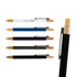 A collection of Serenity Aluminium Pens in white, blue, navy, grey, and black, featuring wooden accents and a metal clip.