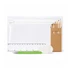 A clear pencil case containing coloured pencils, a green pen, an eraser, and a ruler.