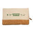 A utility case in natural canvas and cork, featuring a green logo and botanical designs.